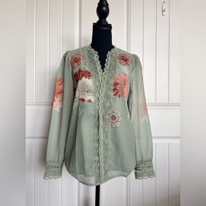 Futuro Sage Green Floral Lace-Trim Blouse